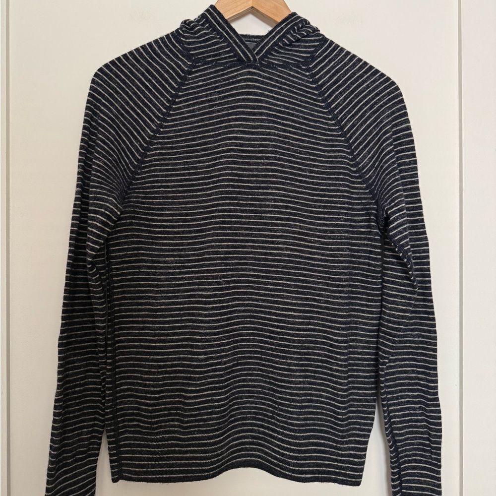Vince Sweater Unisex Sz S Navy Striped Hooded Long Sleeve Wool Linen Coastal